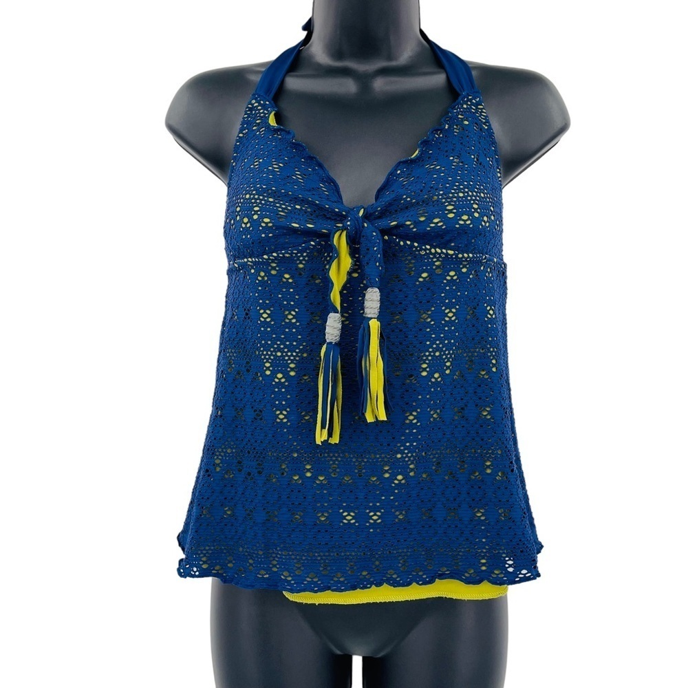 Becca crochet halter tankini top blue green beaded‎ women's size S